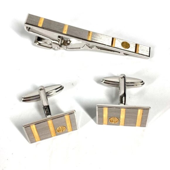 Dunhill Cufflinks & Neck Tie Pin Set logo accessories cuffs Metal Silver/Gold - Picture 1 of 14